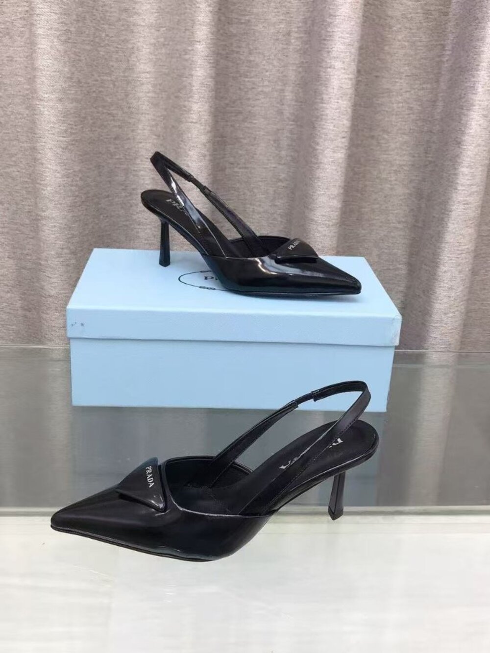 Prada Black Patent Leather Slingback Pumps Triangle Logo Kitten Heels - Picture 6 of 6